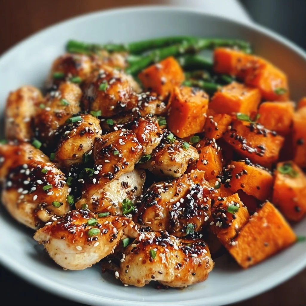 Plate of honey garlic chicken served with roasted sweet potatoes