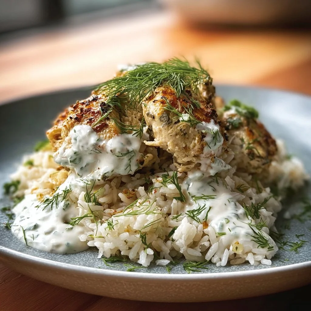 Baked chicken with tzatziki sauce served over rice in a vibrant dish