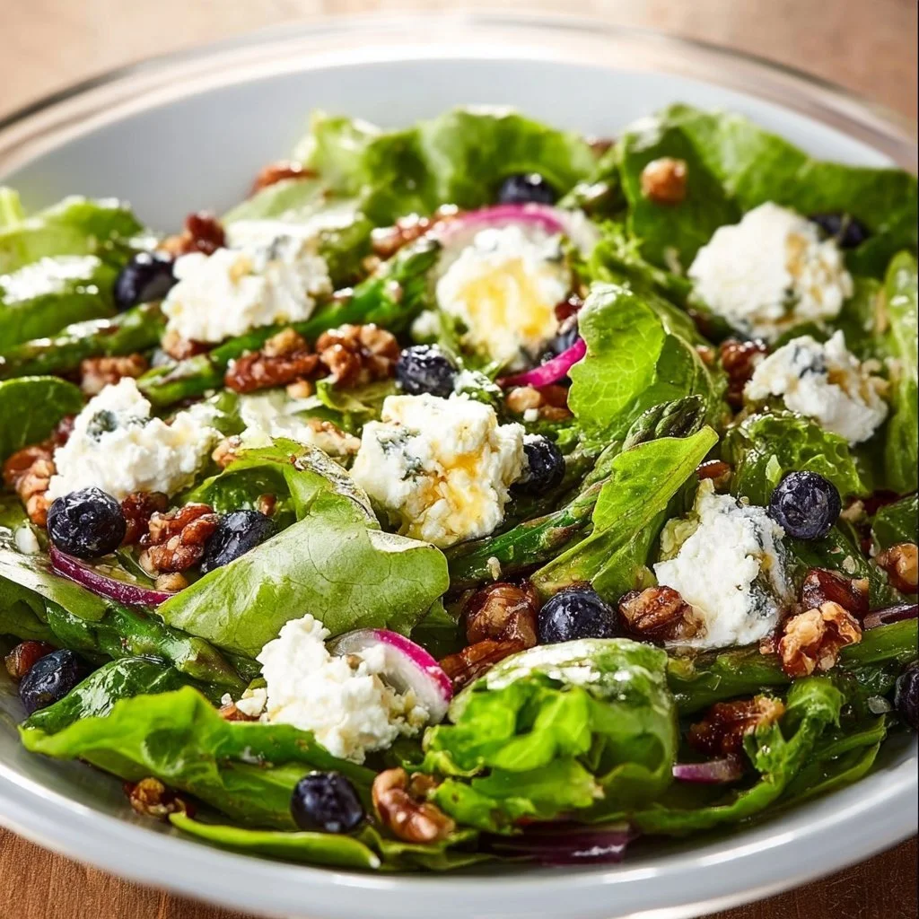 A vibrant Easter spring salad featuring goat cheese, mixed greens, and colorful vegetables.