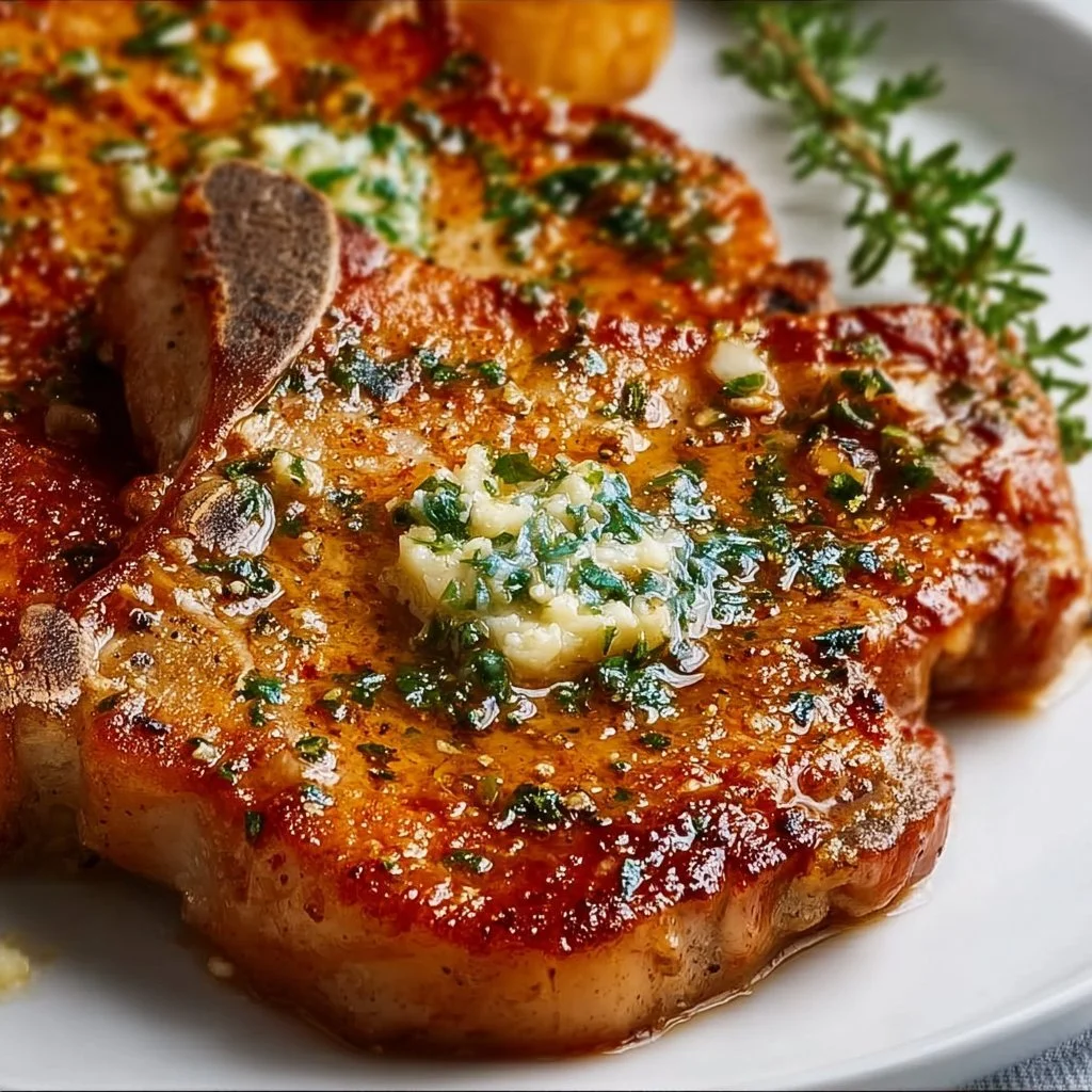Delicious air fryer garlic butter pork chops served on a plate