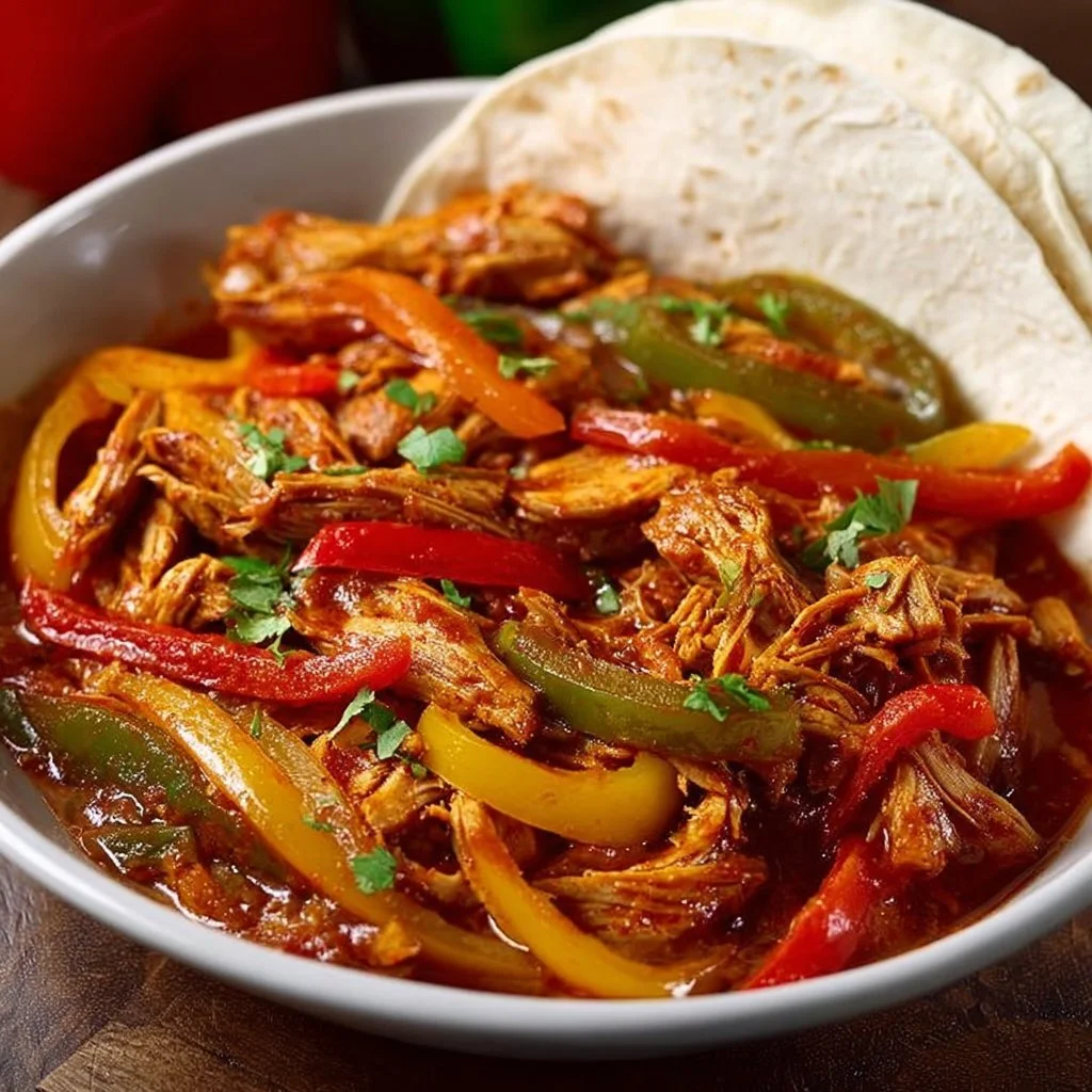 Easy Crockpot Chicken Fajitas served on a plate with colorful peppers and onions