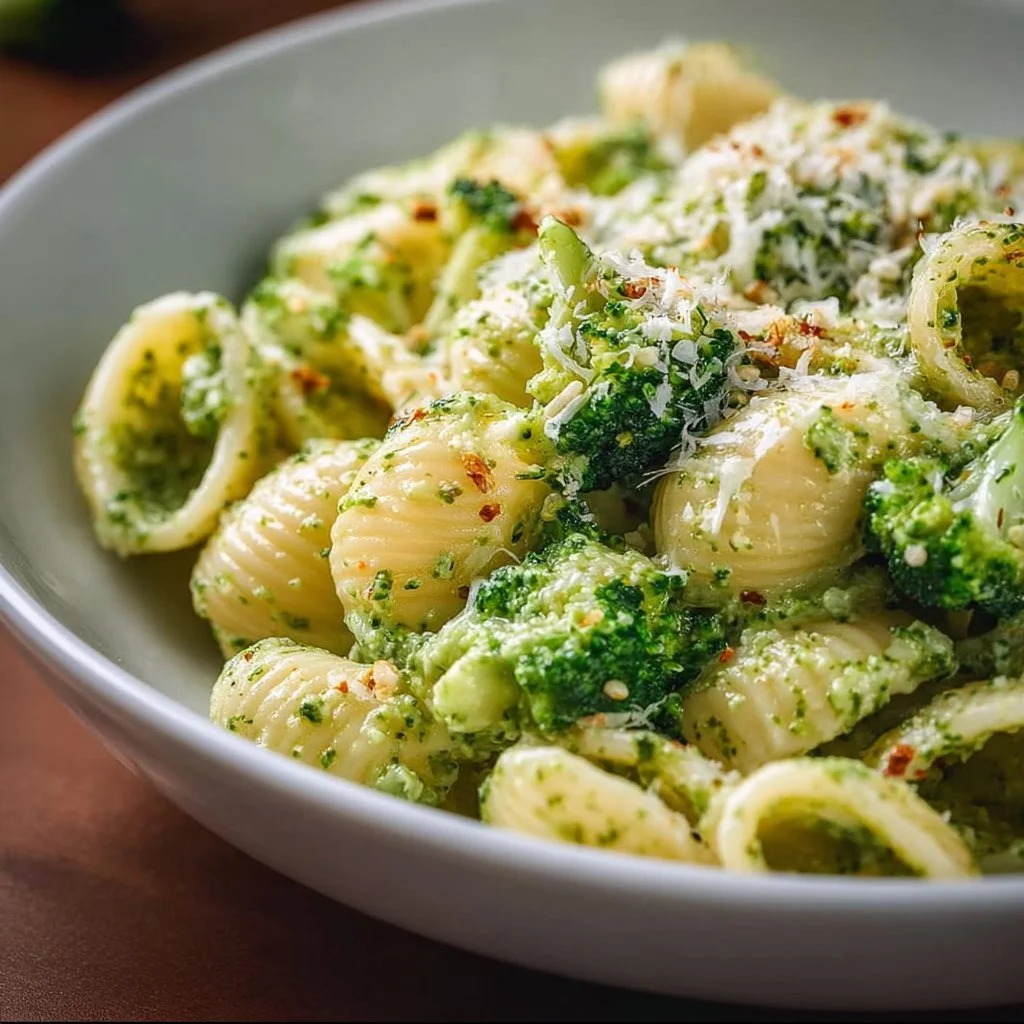 A delicious plate of easy healthy broccoli pasta garnished with herbs
