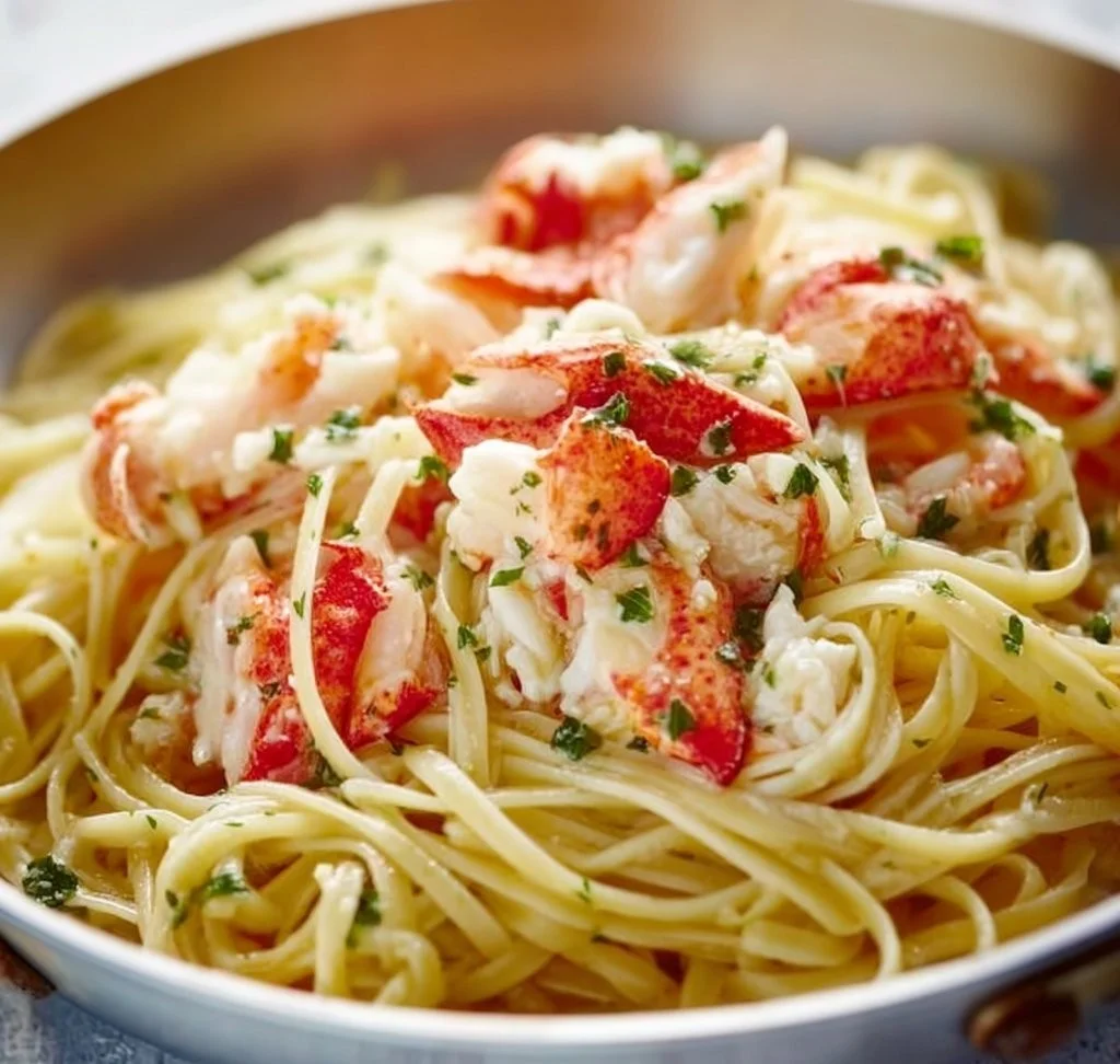 Plate of easy lobster scampi served with linguine pasta