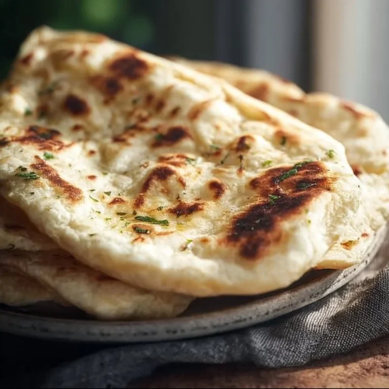 Freshly baked easy naan bread on a wooden table