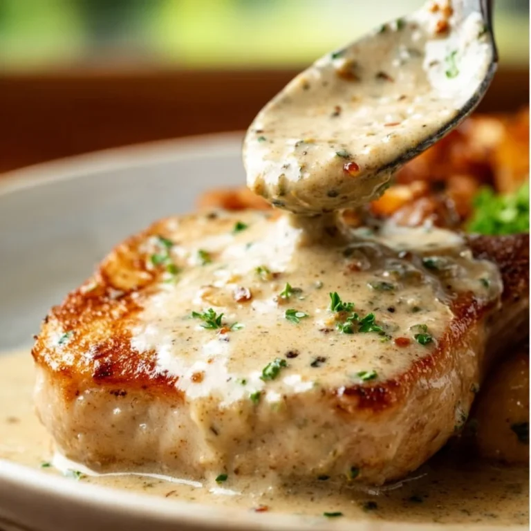 Easy pork chops served with creamy sauce on a plate