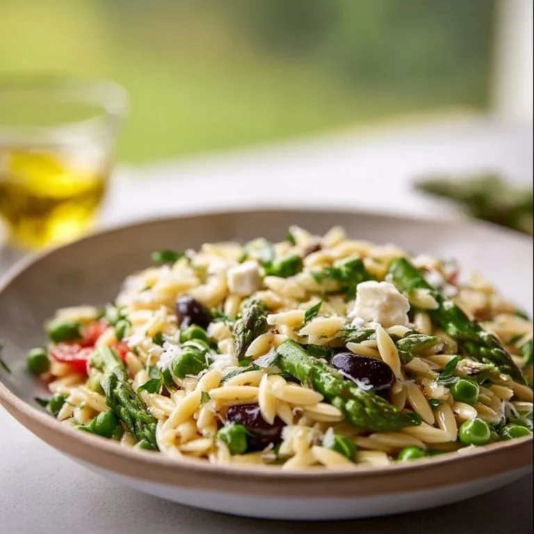 Easy spring orzo pasta salad with colorful vegetables and dressing