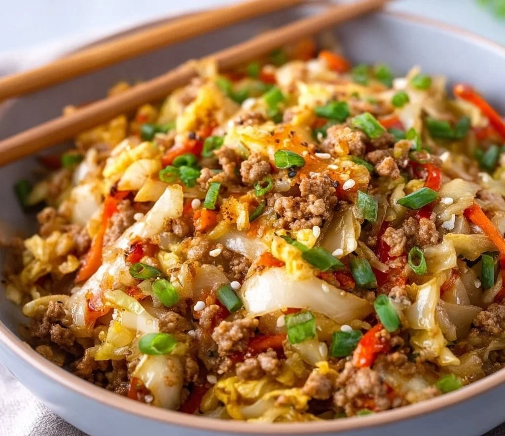 A colorful Egg Roll in a Bowl with fresh vegetables and protein, ready to serve.