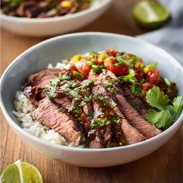Flank steak bowl with colorful vegetables and rice