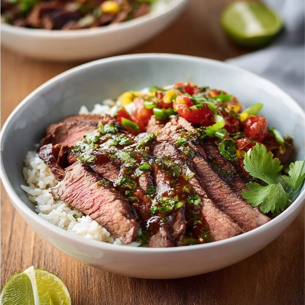 Flank steak bowl with colorful vegetables and rice