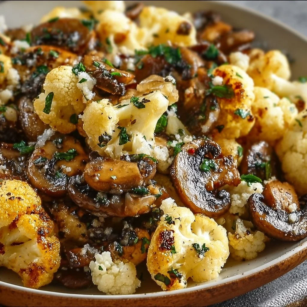 Sautéed garlic mushrooms and cauliflower in a skillet dish.