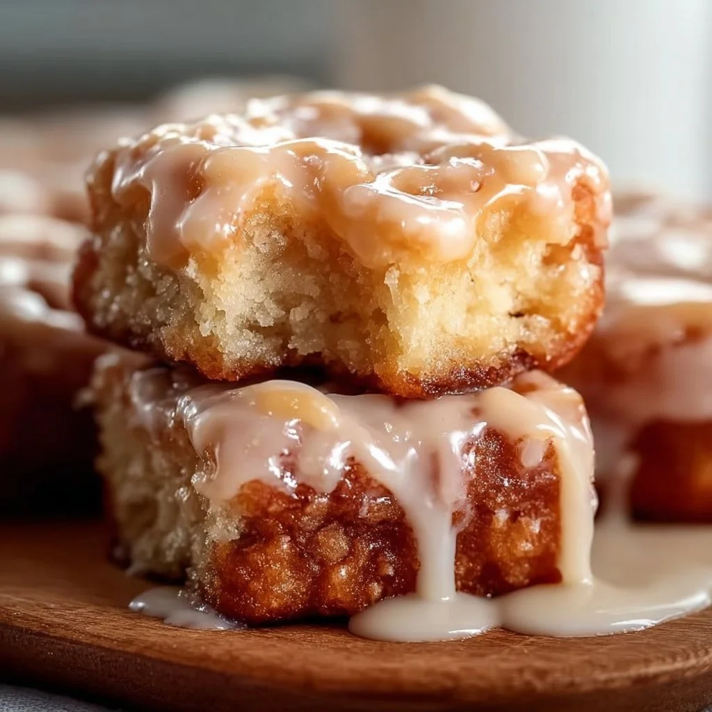 Fluffy gluten-free maple donut bars served on a plate with maple syrup drizzle