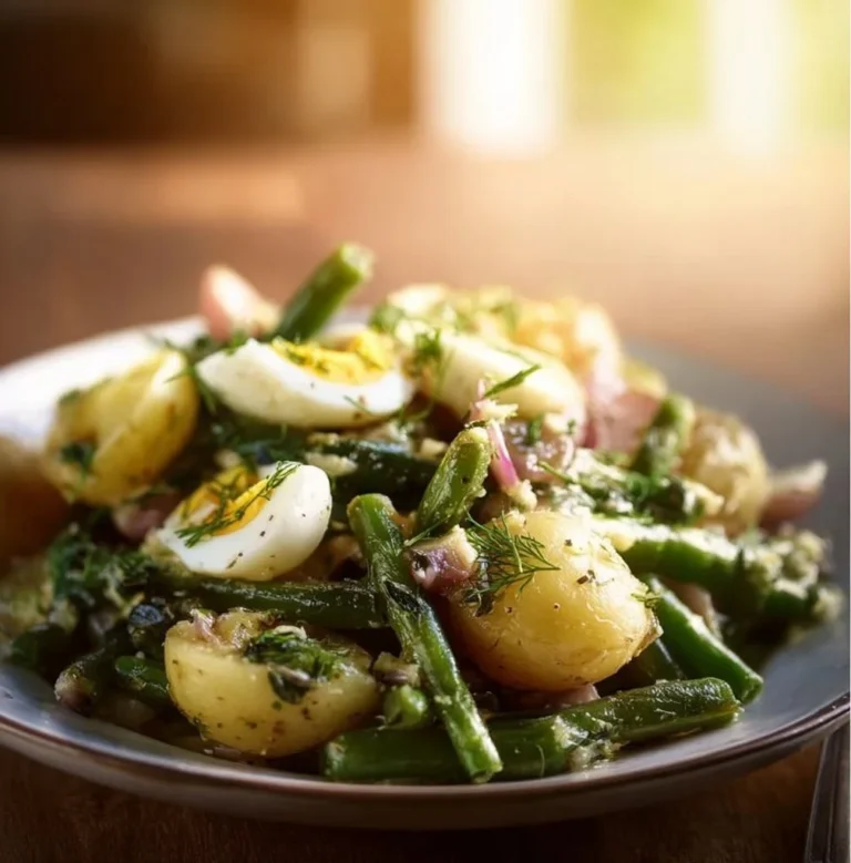 Delicious French-style potato salad with green beans served in a bowl