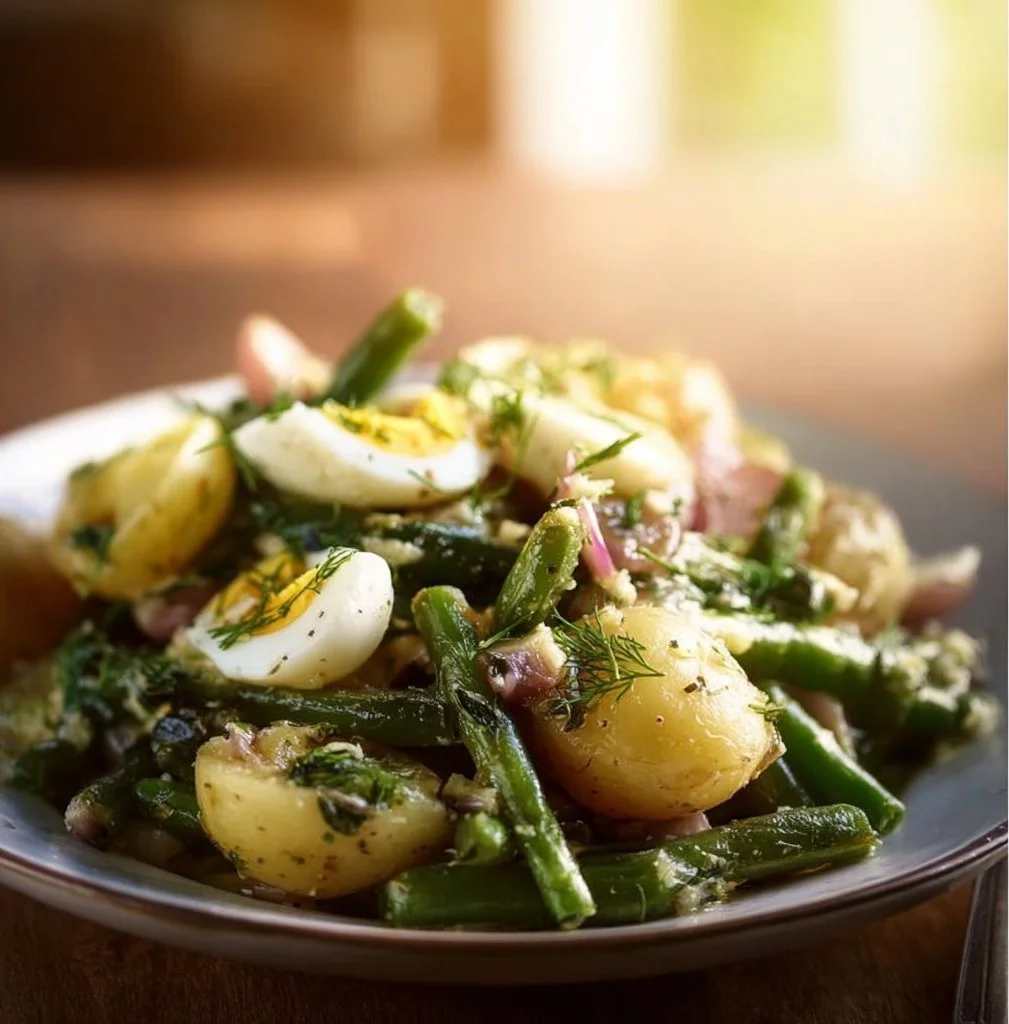 Delicious French-style potato salad with green beans served in a bowl