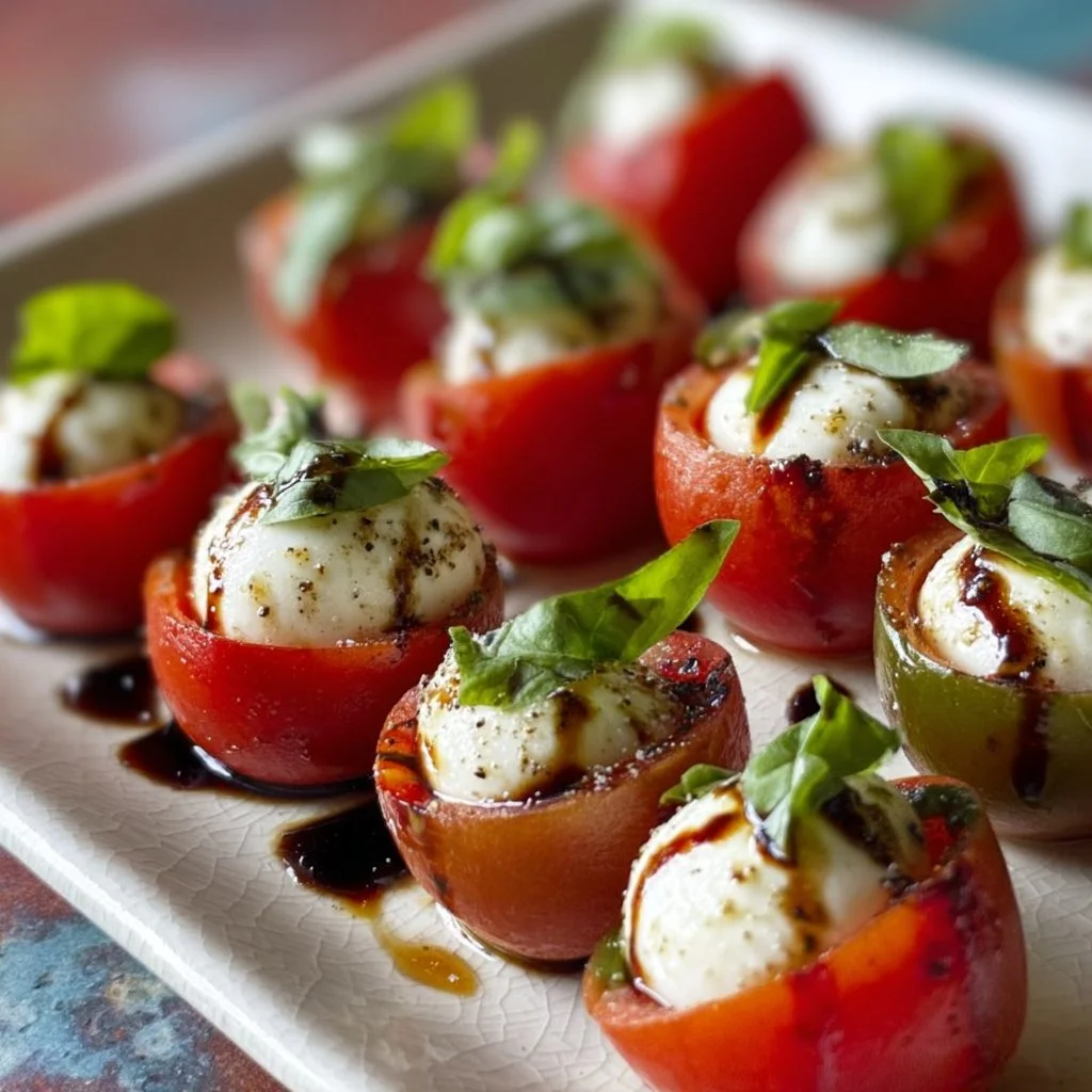 Delicious Fresh Caprese Bites with tomatoes, mozzarella, and basil on skewers.