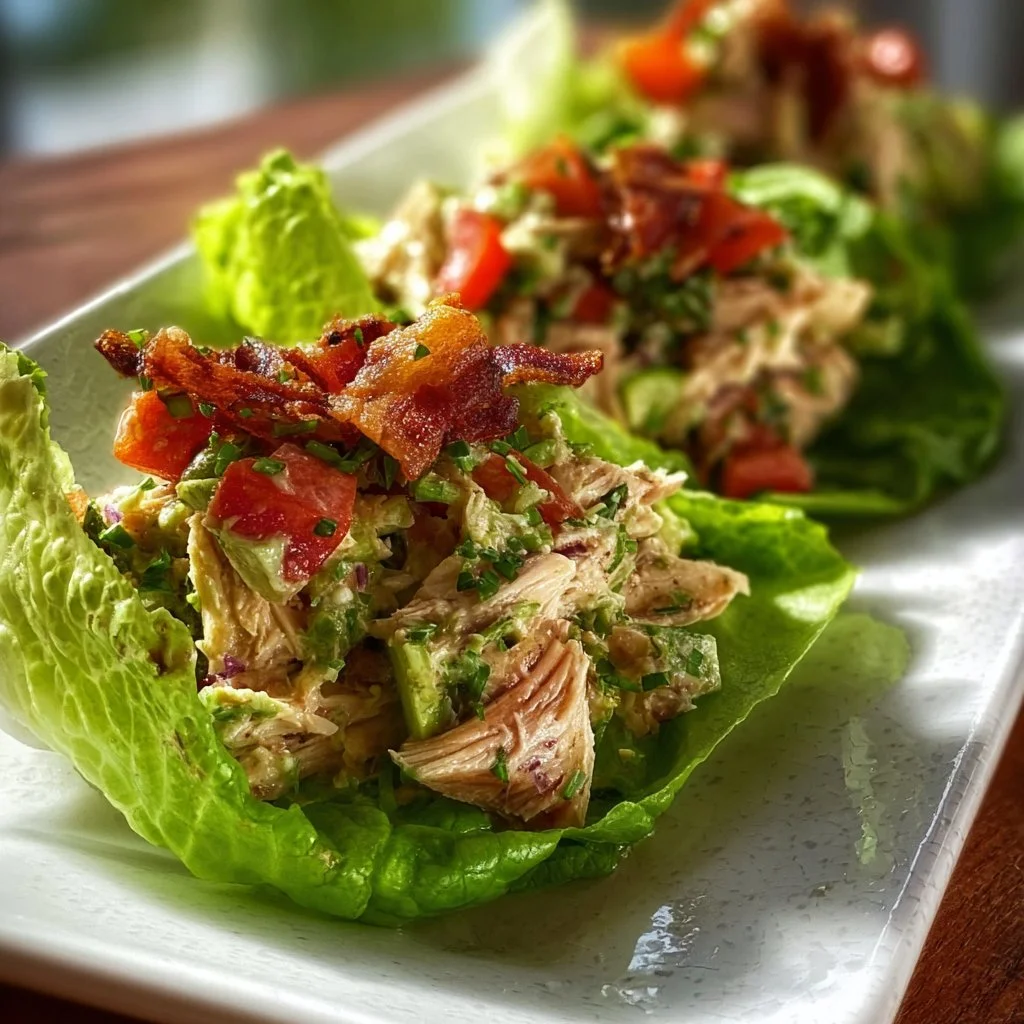 Fresh BLT chicken salad lettuce wraps with crispy bacon and tomatoes
