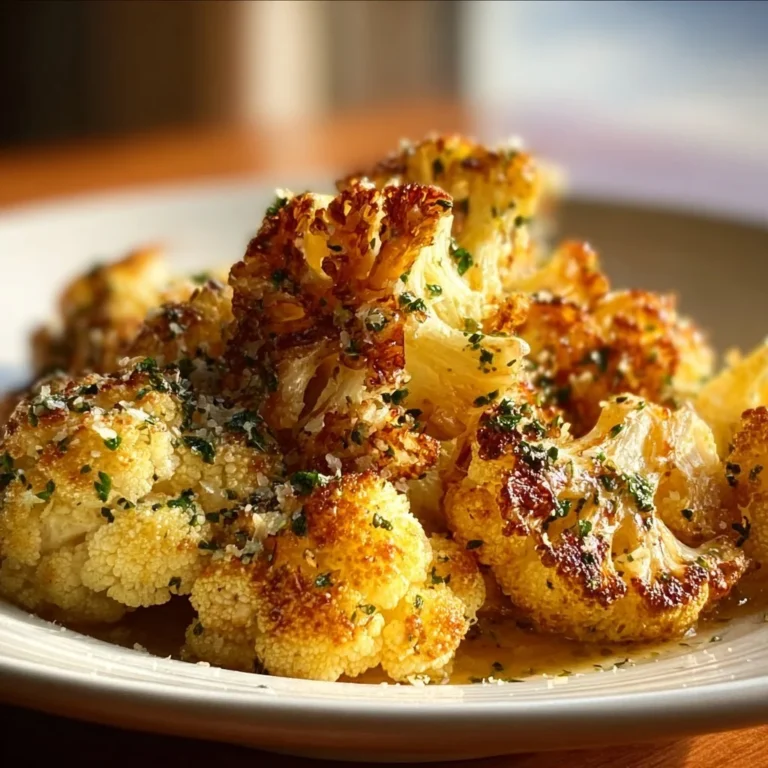 Garlic Butter Roasted Cauliflower served on a plate with herbs