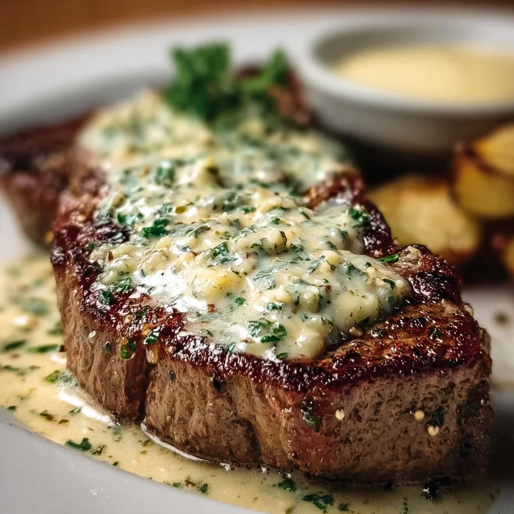 Garlic Butter Steak drizzled with Parmesan Cream Sauce on a plate