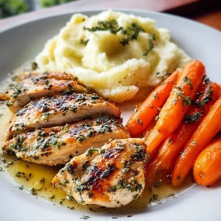 Garlic Herb Chicken plated with creamy mashed potatoes and glazed carrots