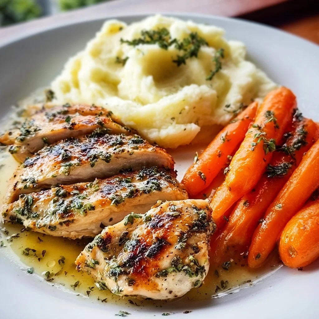Garlic Herb Chicken plated with creamy mashed potatoes and glazed carrots
