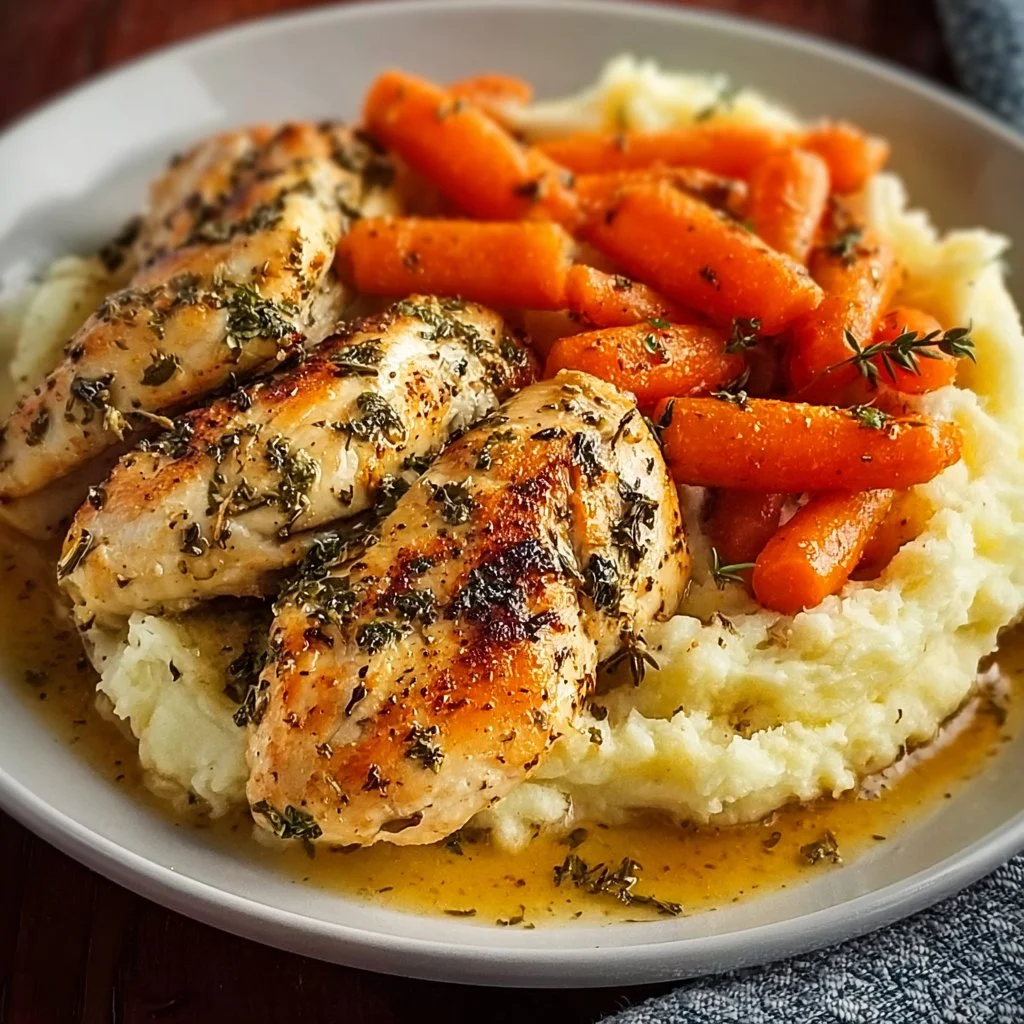 Garlic Herb Chicken with Creamy Mashed Potatoes and Glazed Carrots