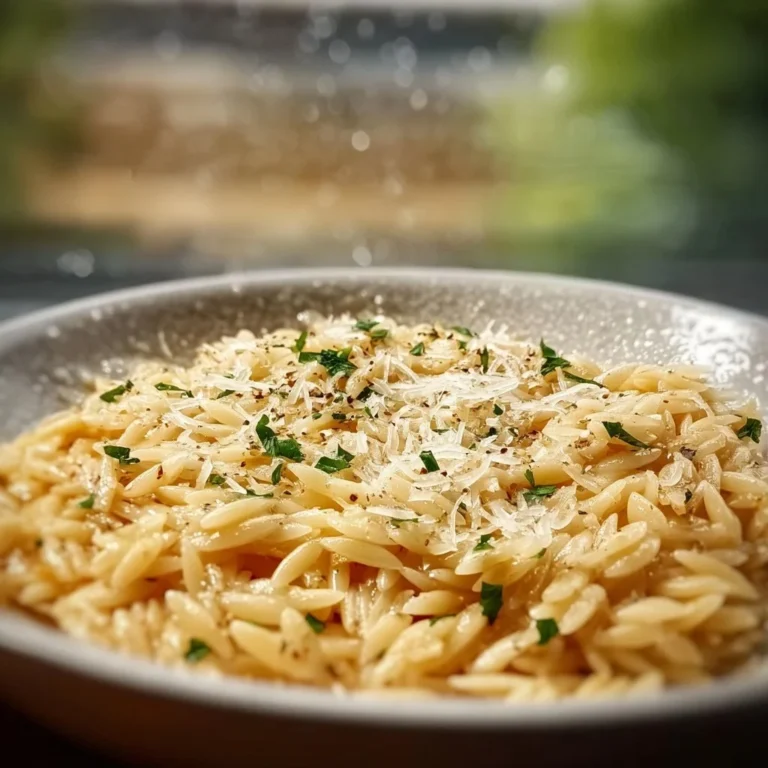 Delicious garlic parmesan orzo pasta garnished with herbs