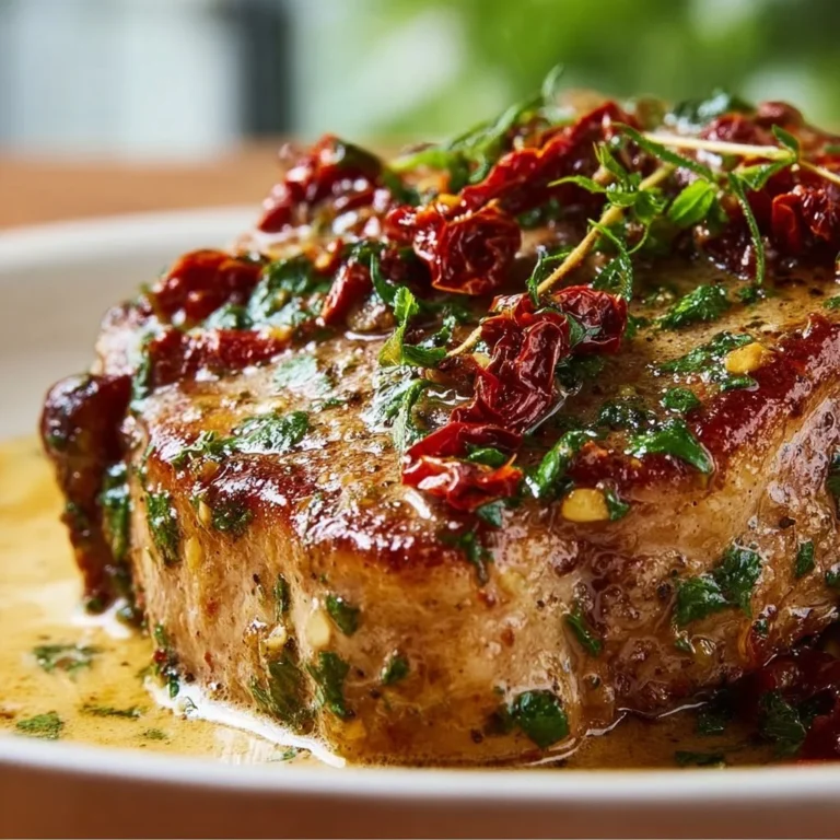 Garlic sun-dried tomato pork chops served on a plate