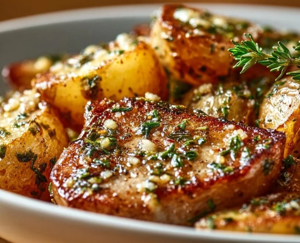 Garlic-Thyme Butter Skillet Potatoes in a cast iron skillet