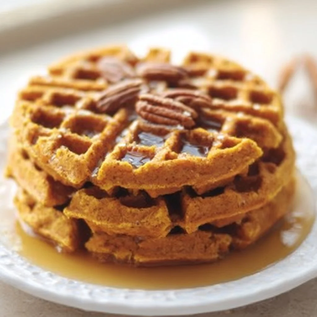 Gluten free almond flour pumpkin waffles topped with syrup and pumpkin seeds