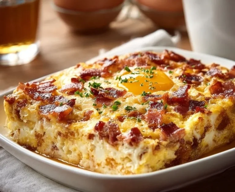 Gluten-free bacon and egg casserole topped with cheese and herbs