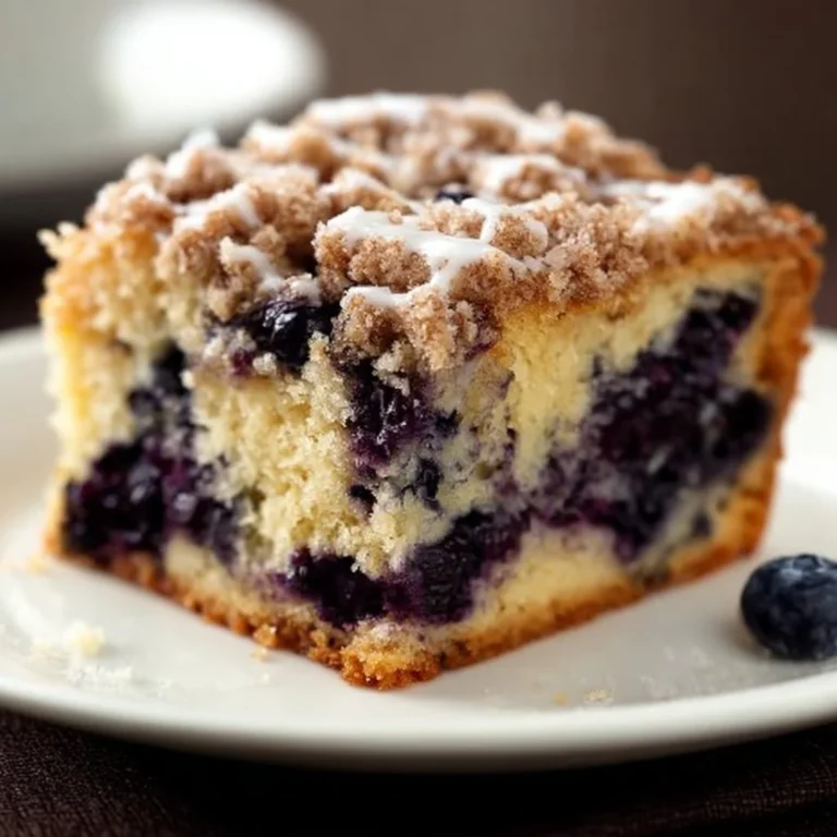 Gluten-free blueberry coffee cake served on a plate with fresh blueberries.