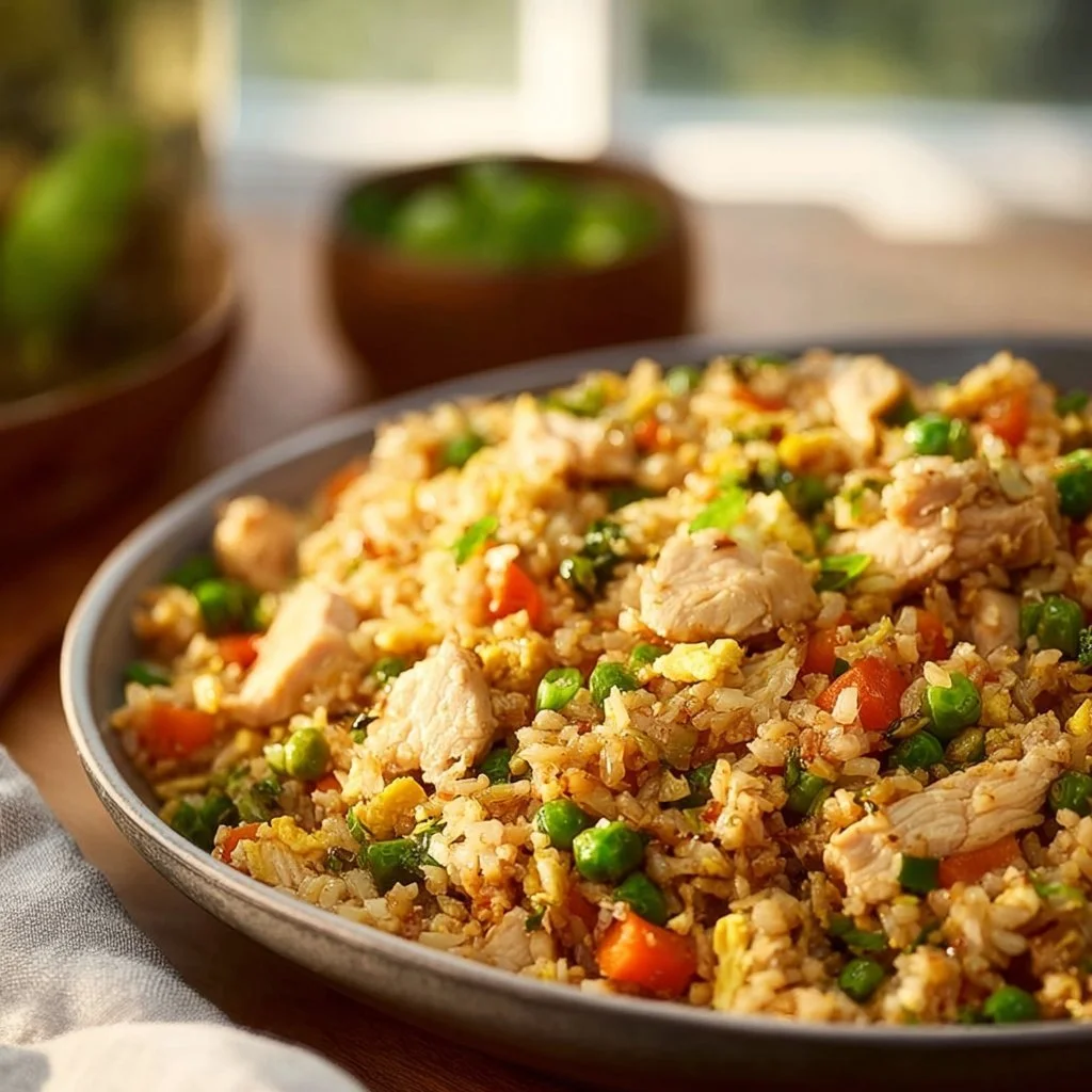 Plate of gluten-free chicken fried rice with vegetables and chicken pieces