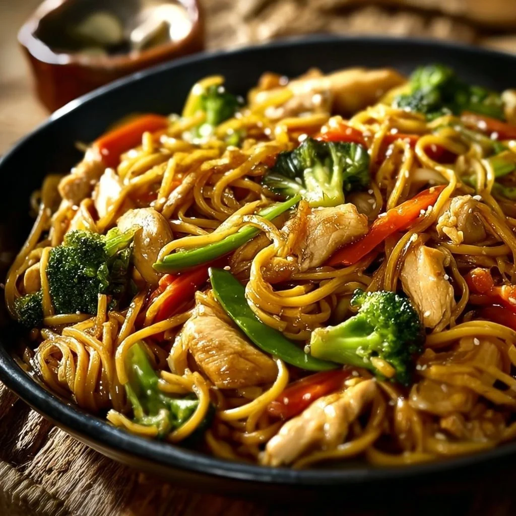 Gluten-free chicken lo mein dish beautifully presented in a bowl.