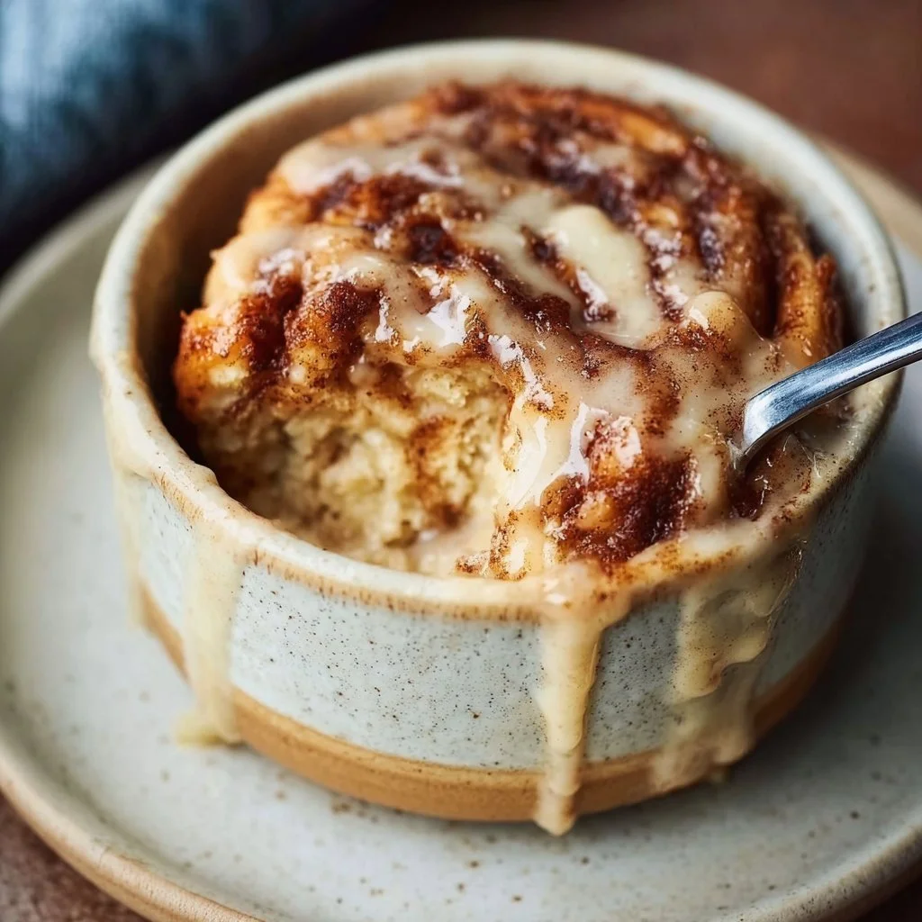 Delicious gluten free cinnamon roll in a mug topped with icing