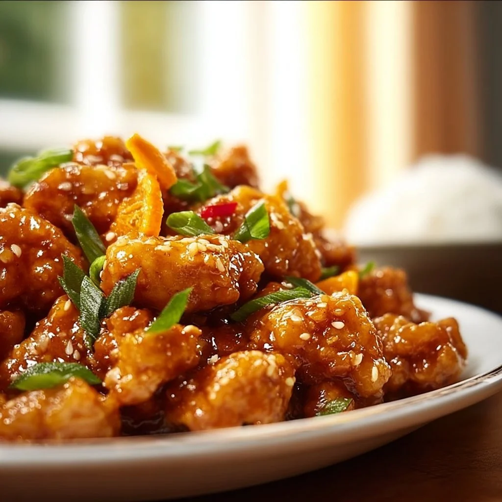 Plate of gluten-free orange chicken garnished with sesame seeds and green onions.