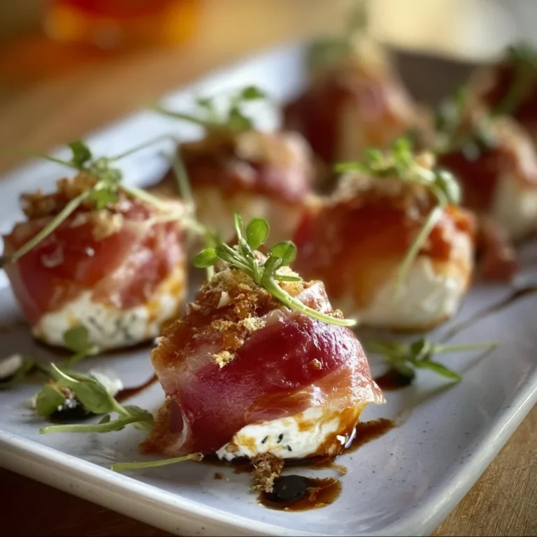 Delicious Goat Cheese Bonbons wrapped in prosciutto on a serving platter.