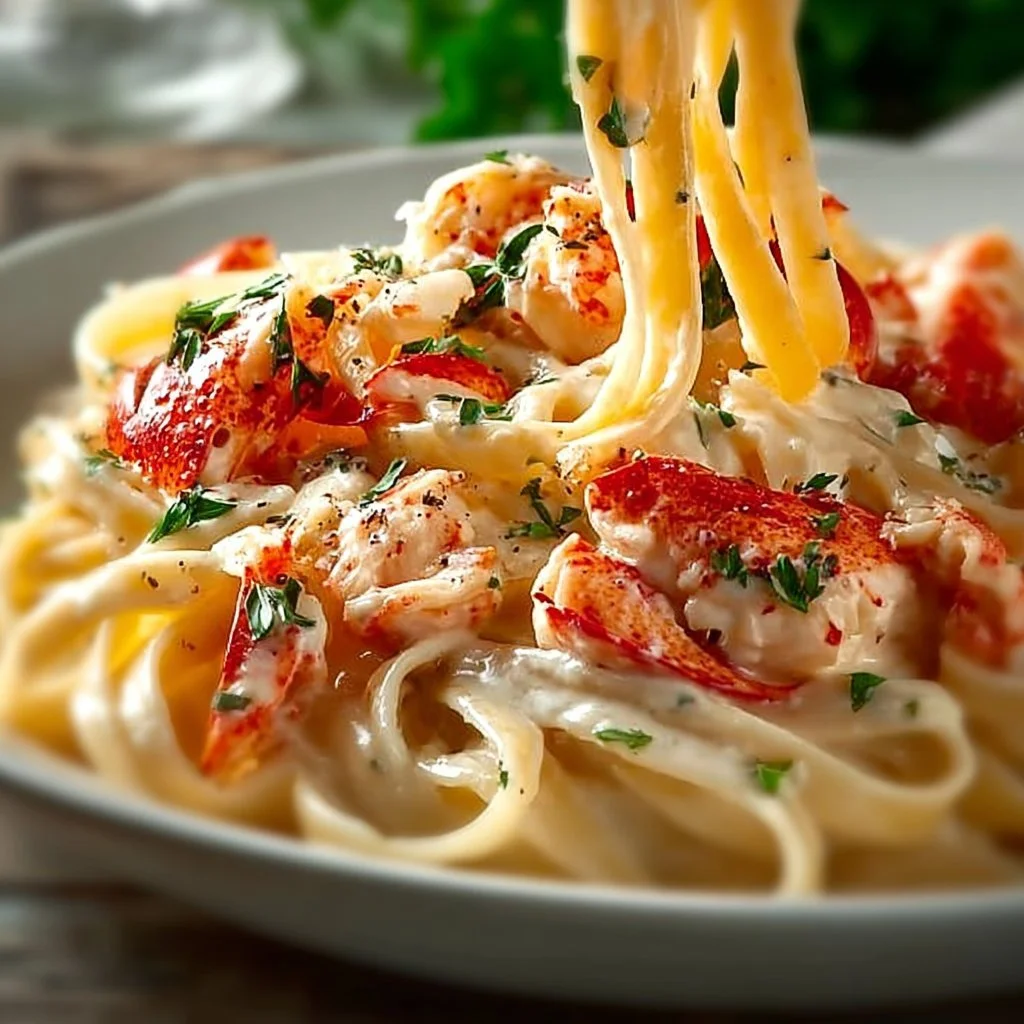 Gourmet lobster pasta in creamy sauce served on a plate