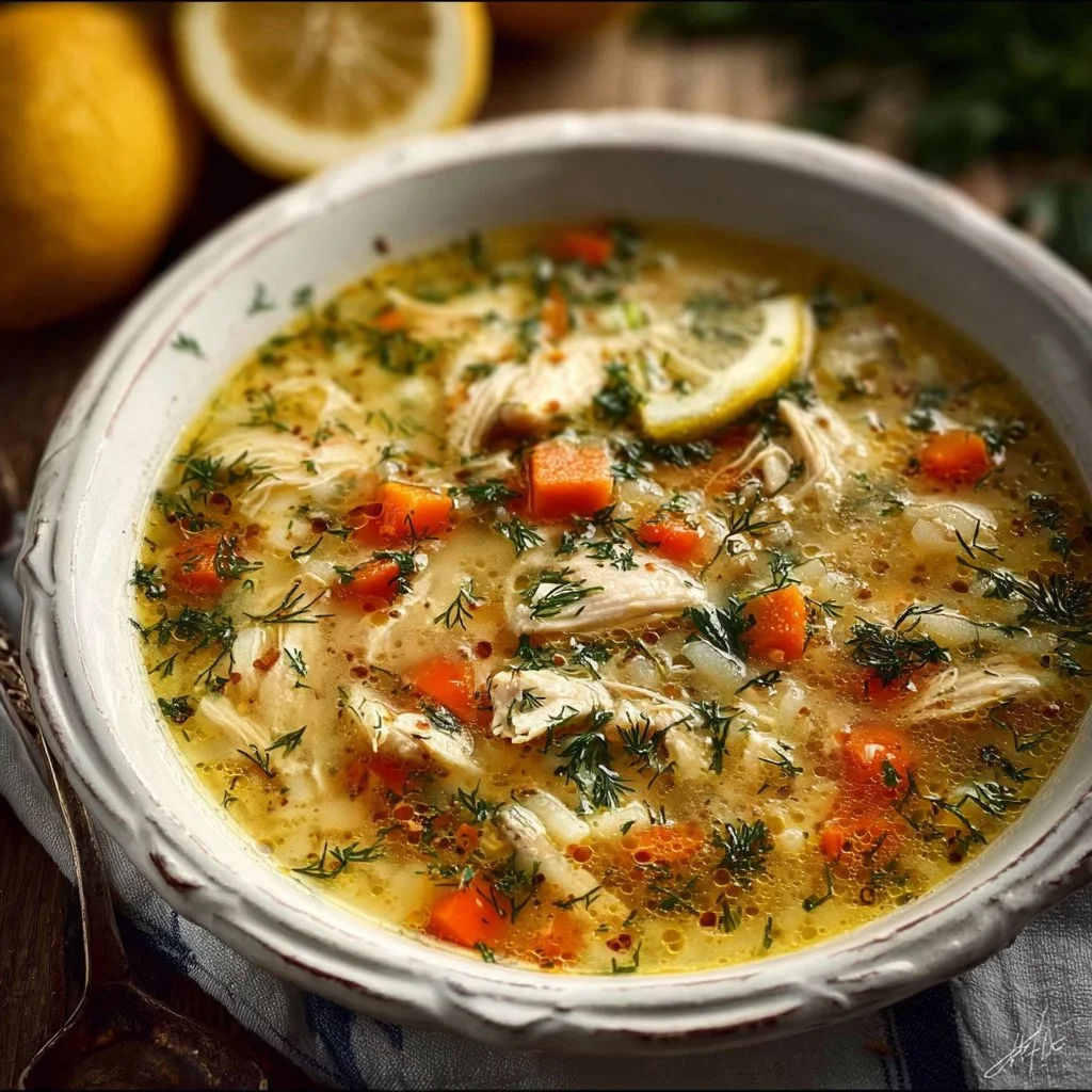 Bowl of Greek Lemon Chicken Soup garnished with herbs and lemon slices