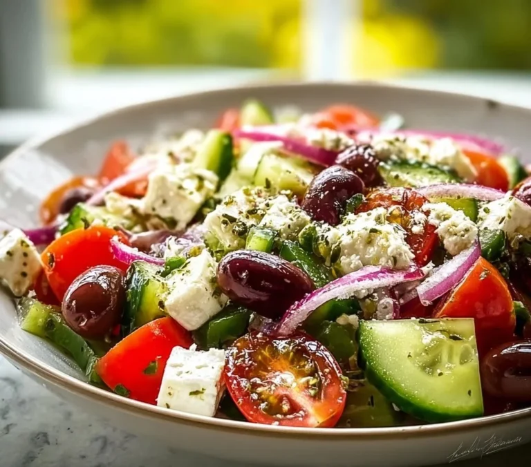 Fresh Greek salad featuring cucumbers, tomatoes, olives, and feta cheese.