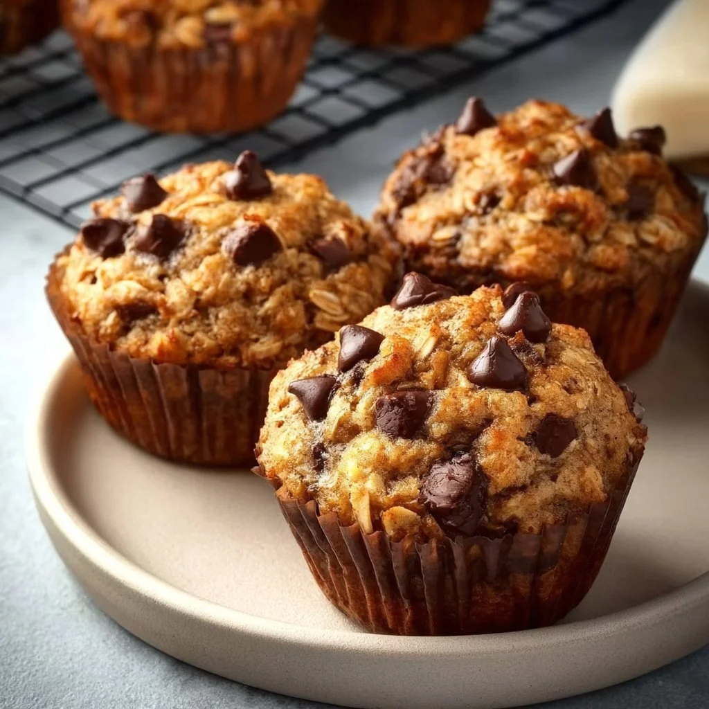 Gluten-free Greek yogurt chocolate chip oatmeal muffins on a wooden table