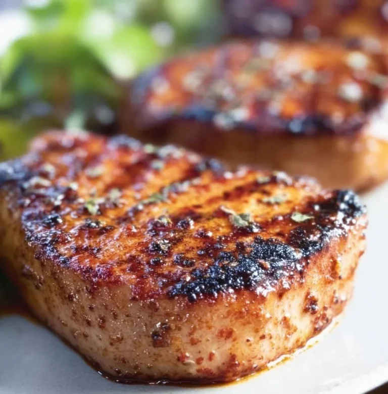 Grilled boneless pork chops served on a plate with herbs and vegetables.