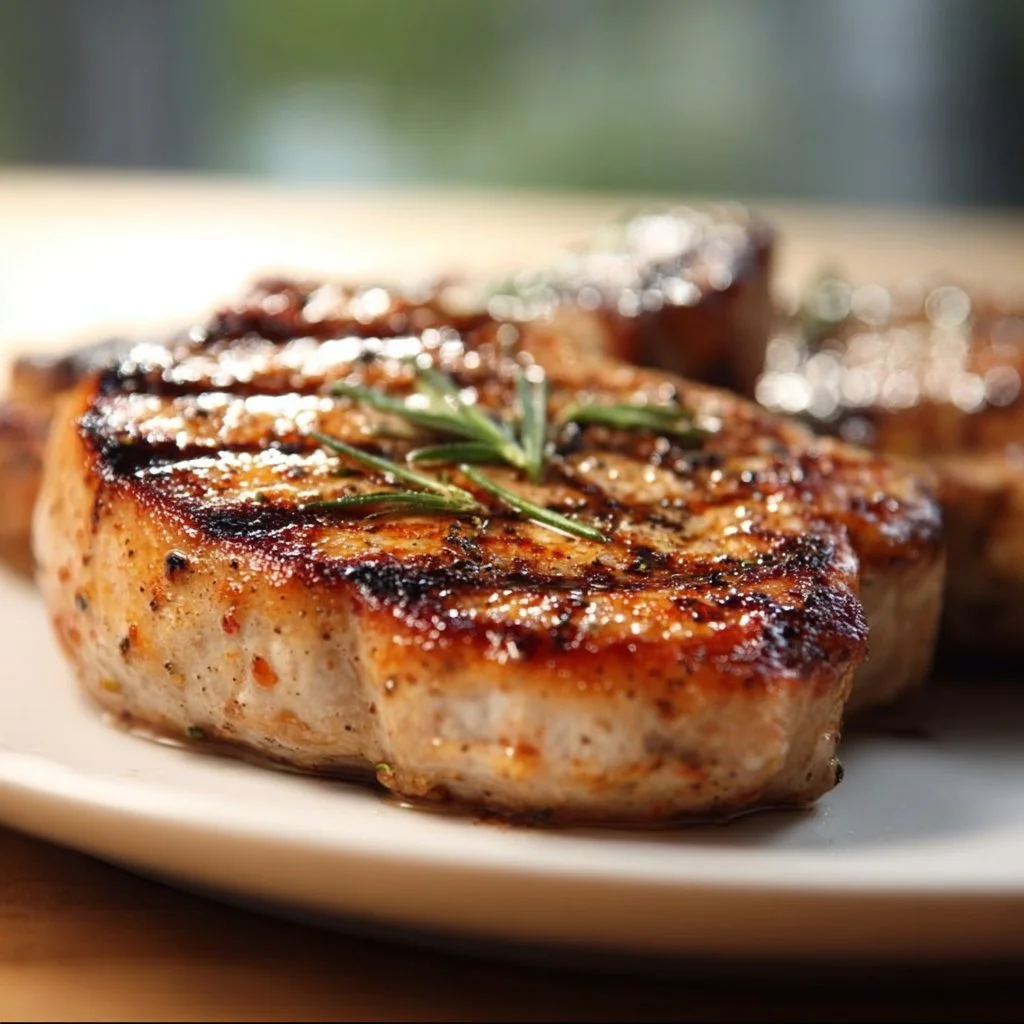 Juicy grilled boneless pork chops on a plate garnished with herbs