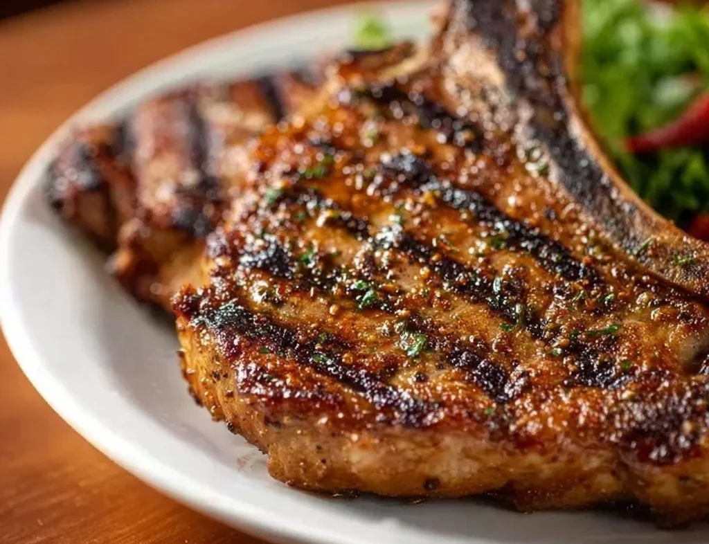 Grilled pork chops marinated in a flavorful sauce ready for the barbecue.