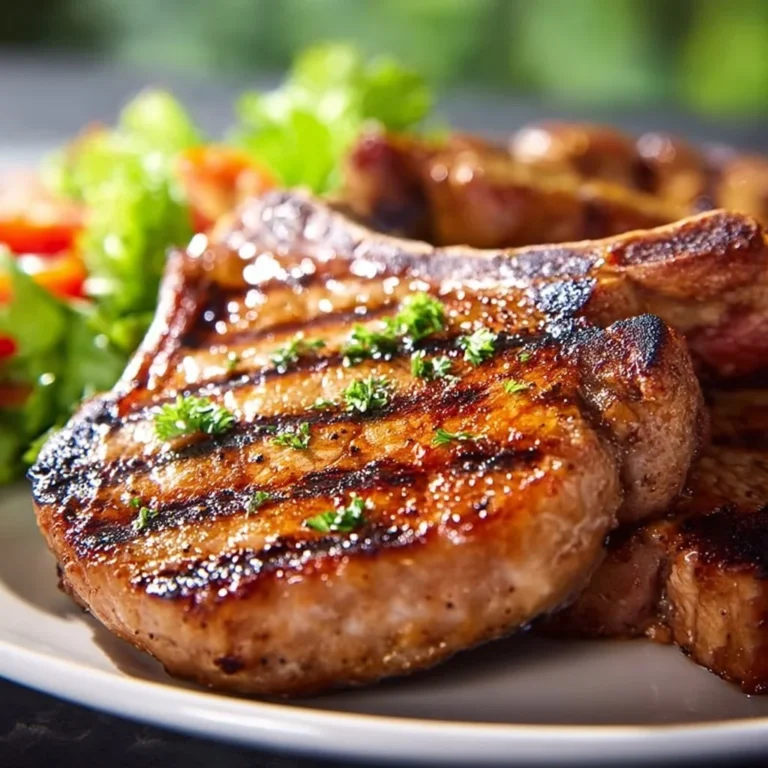 Juicy grilled pork chops served with herbs and spices on a platter.