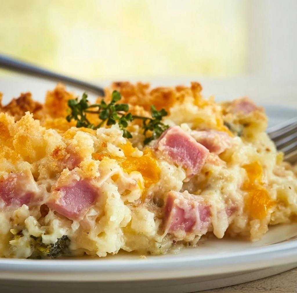 Delicious ham casserole with cheese and vegetables baked to perfection