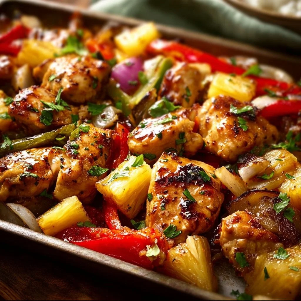 Hawaiian Chicken Sheet Pan with colorful vegetables and pineapple