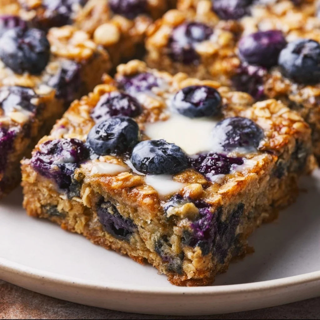 Healthy blueberry baked oatmeal served in a bowl with fresh blueberries on top