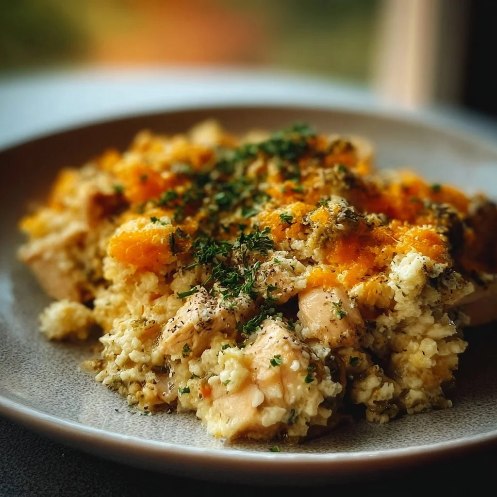 Healthy chicken cauliflower rice casserole topped with cheese and vegetables