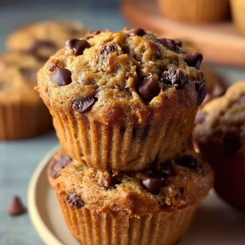 Healthy peanut butter banana muffins on a kitchen counter