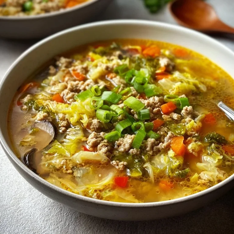 Hearty low carb egg roll soup in a bowl with fresh ingredients