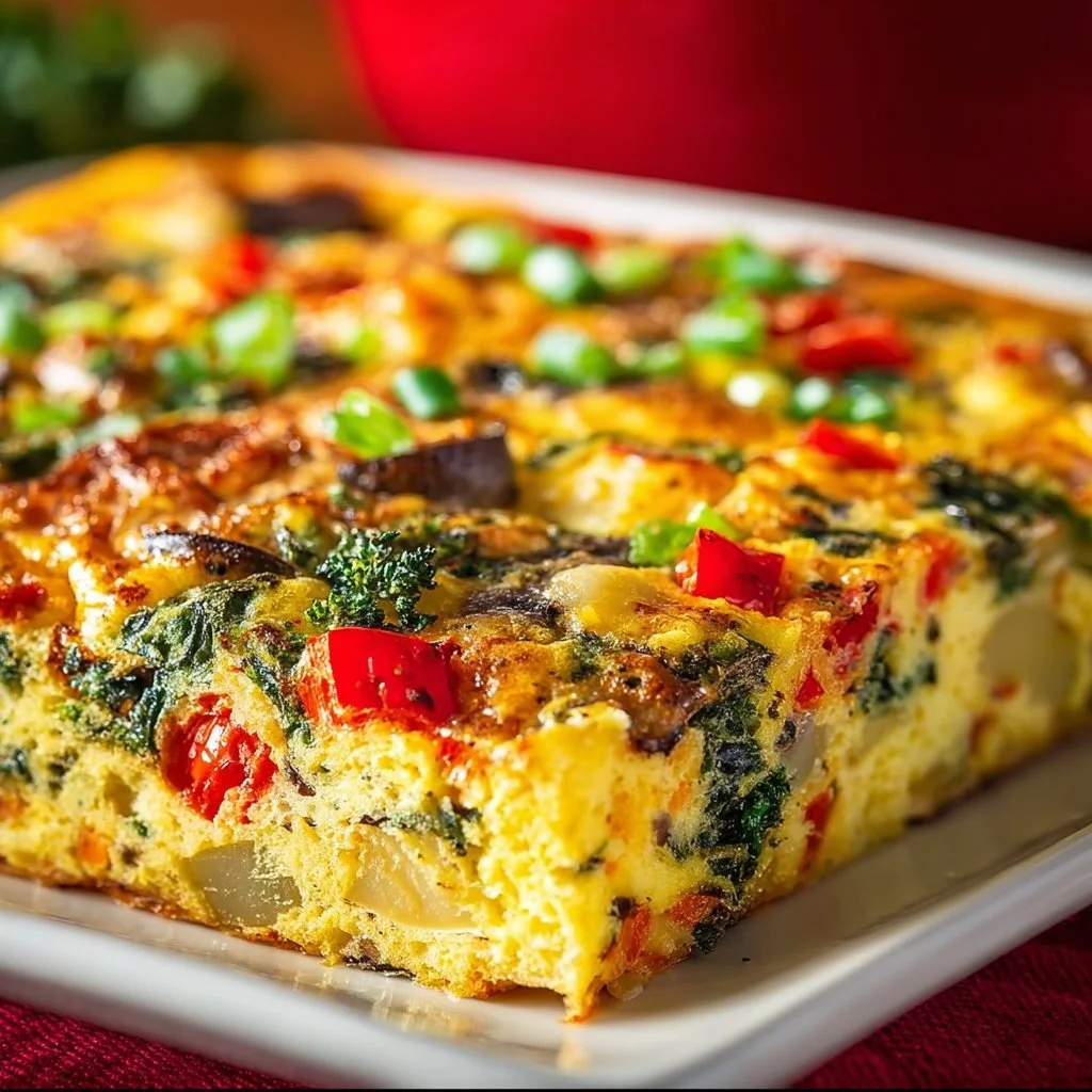 High protein dairy-free veggie egg casserole served in a baking dish
